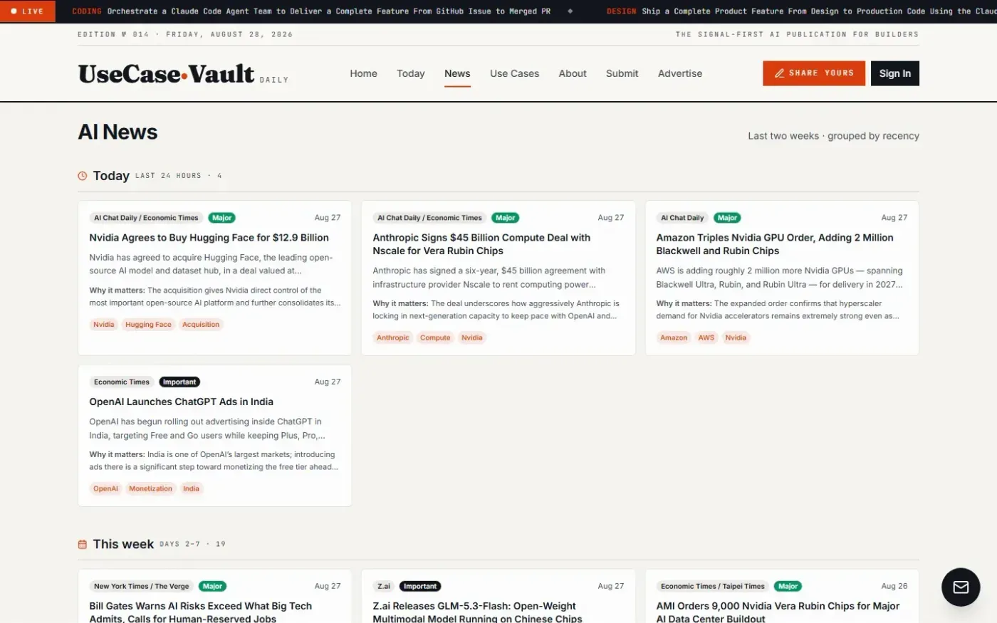 UseCaseVault — AI workflows, verified by people who actually tried them — News page