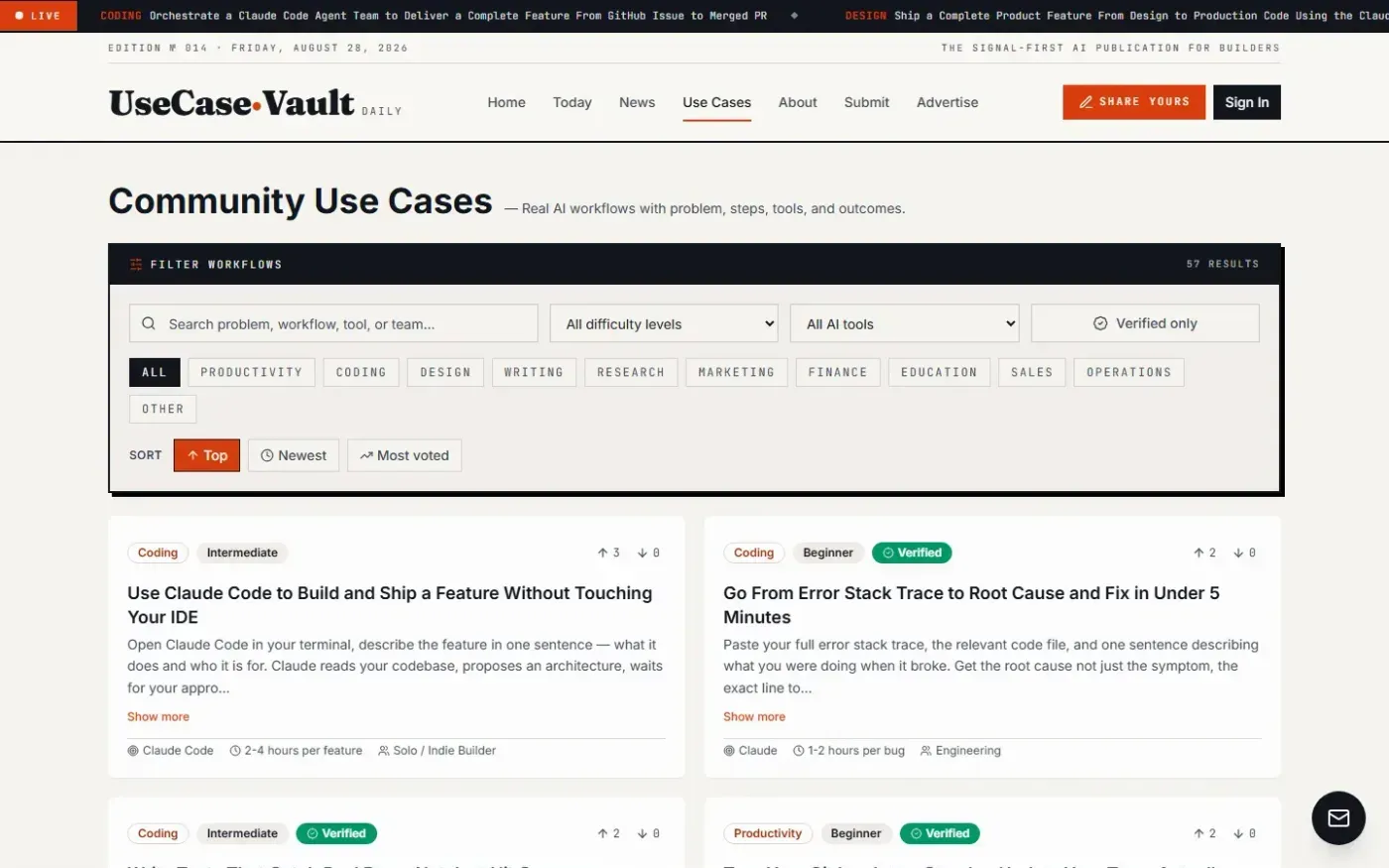 UseCaseVault — AI workflows, verified by people who actually tried them — Use cases page