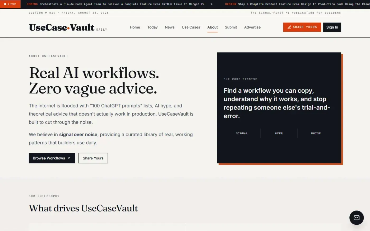 UseCaseVault — AI workflows, verified by people who actually tried them — About page