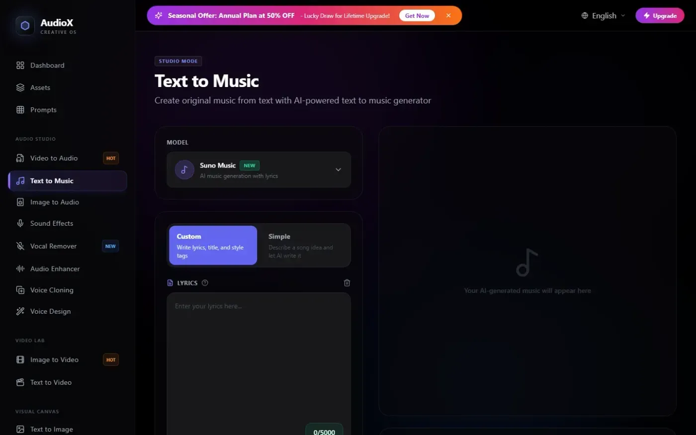Mmaudio — Text to music page