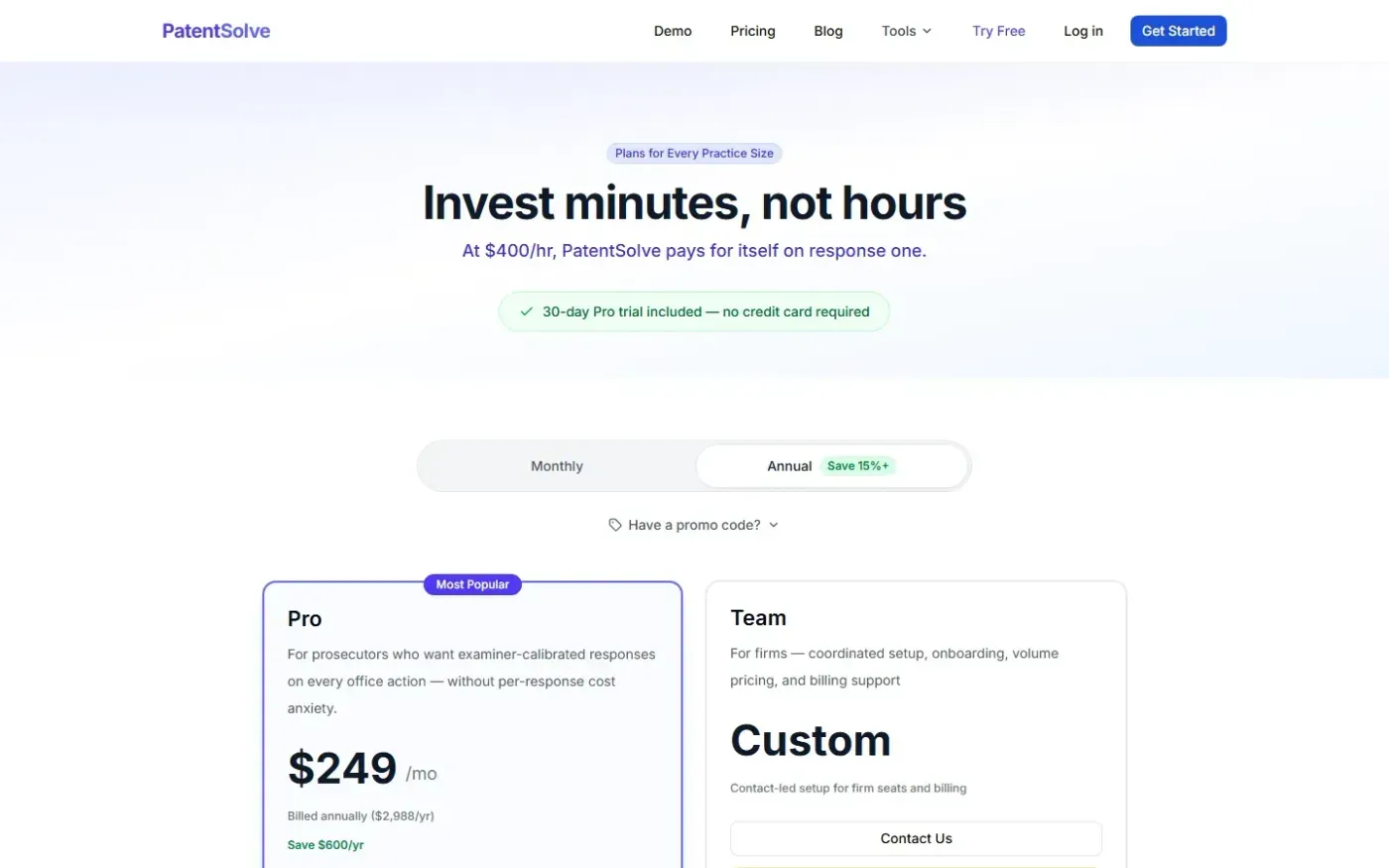 Patentsolve — Pricing page