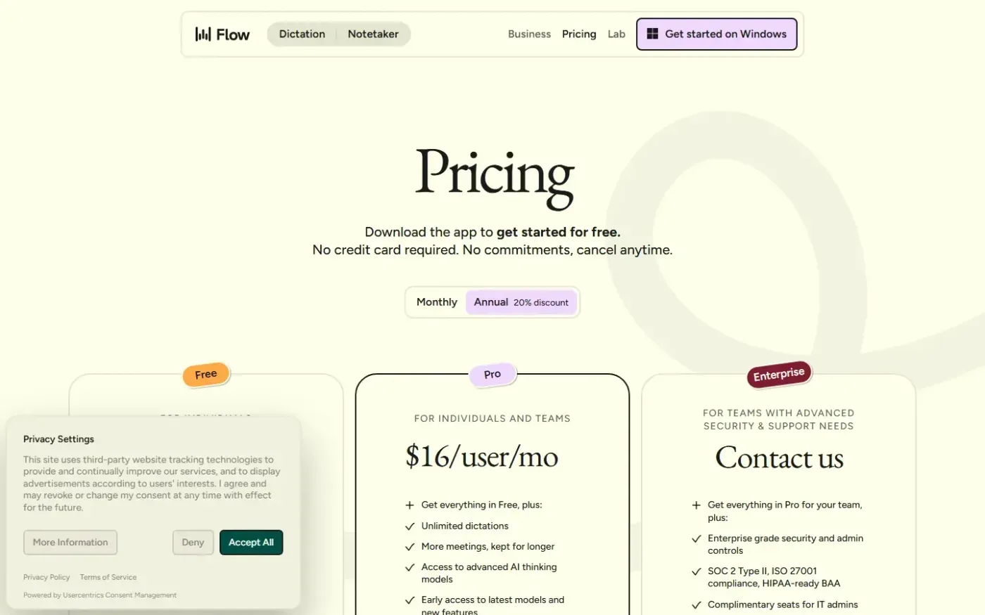 Wispr Flow Notetaker — Meeting notes that get the details right. — Pricing page