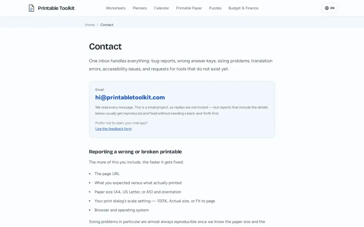 Printabletoolkit — Contact page