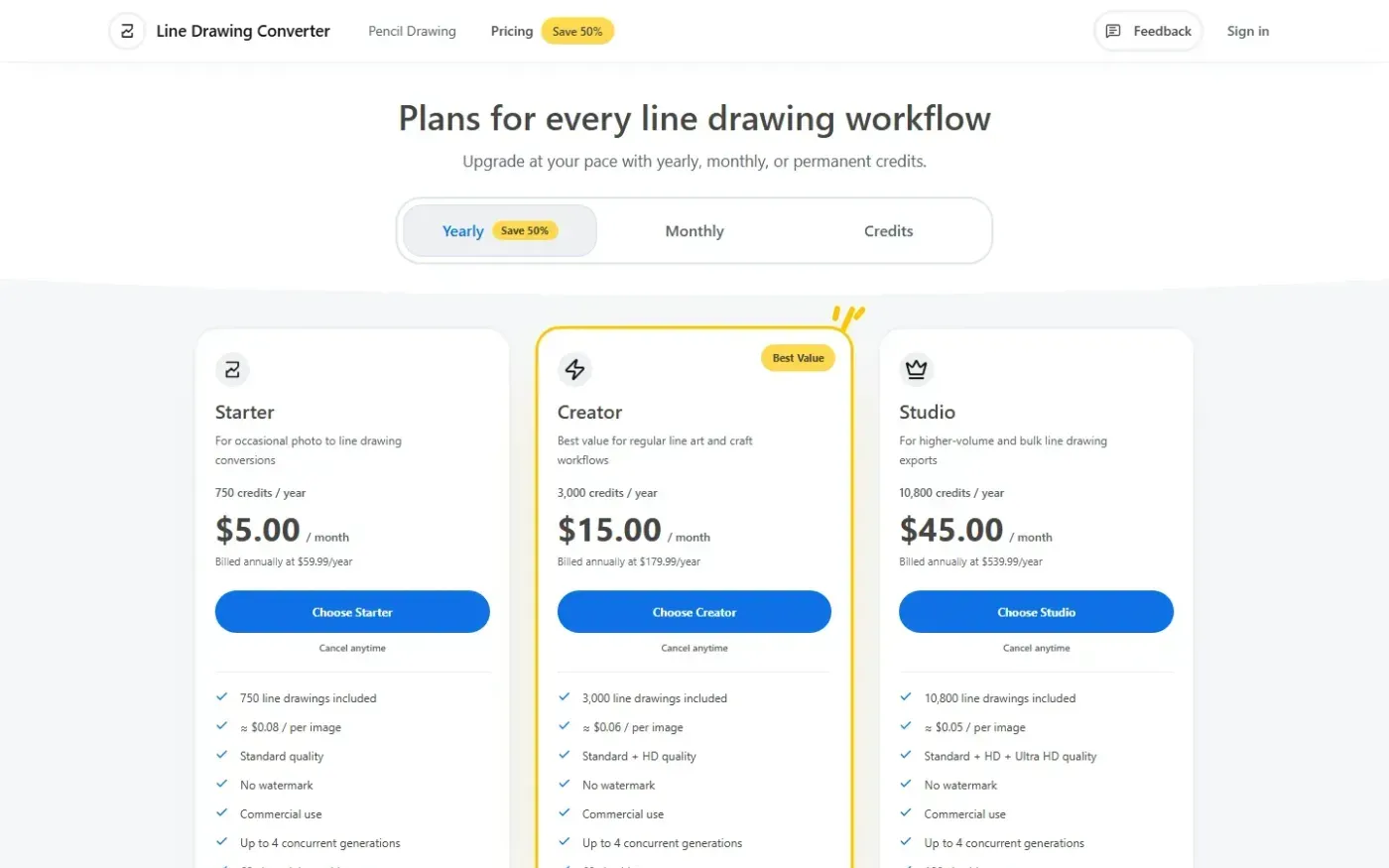 Linedrawingconverter — Pricing page