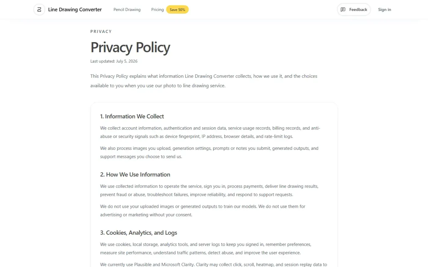 Linedrawingconverter — Privacy page