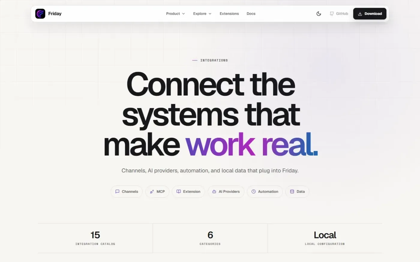 Friday — Your Desktop AI Personal Assistant — Integrations page