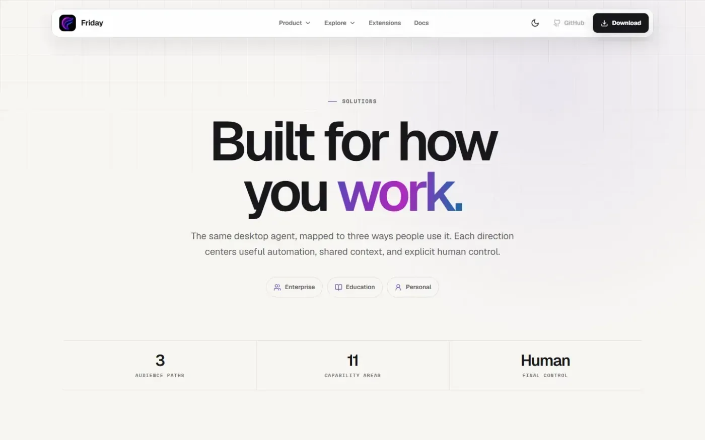Friday — Your Desktop AI Personal Assistant — Solutions page
