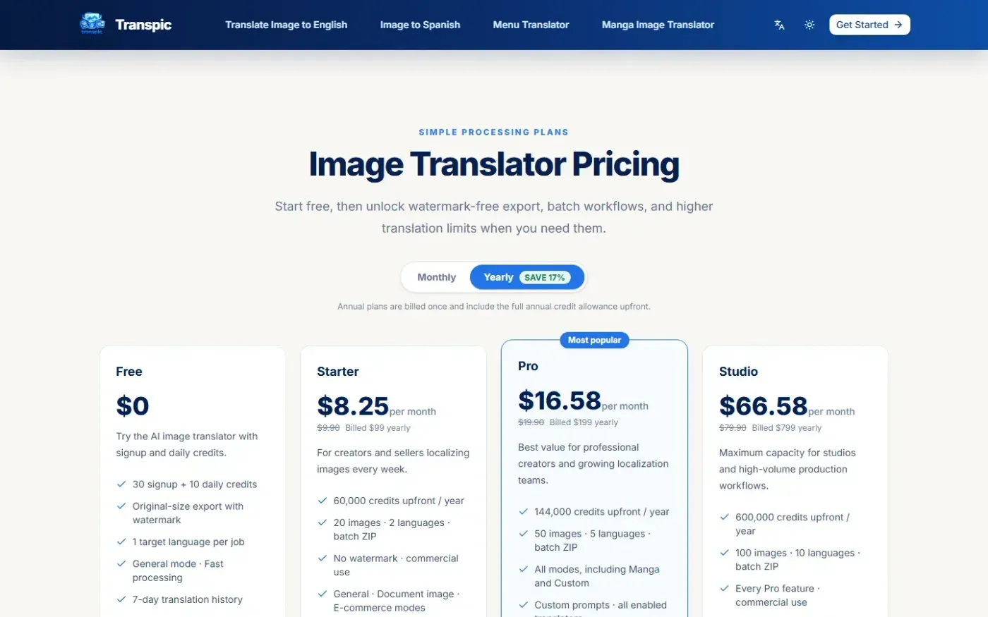 Transpic — Pricing page