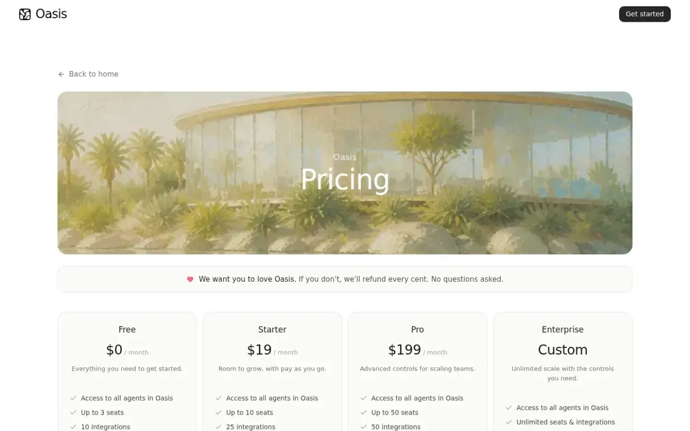Oasis — Where humans and agents come to work. — Pricing page