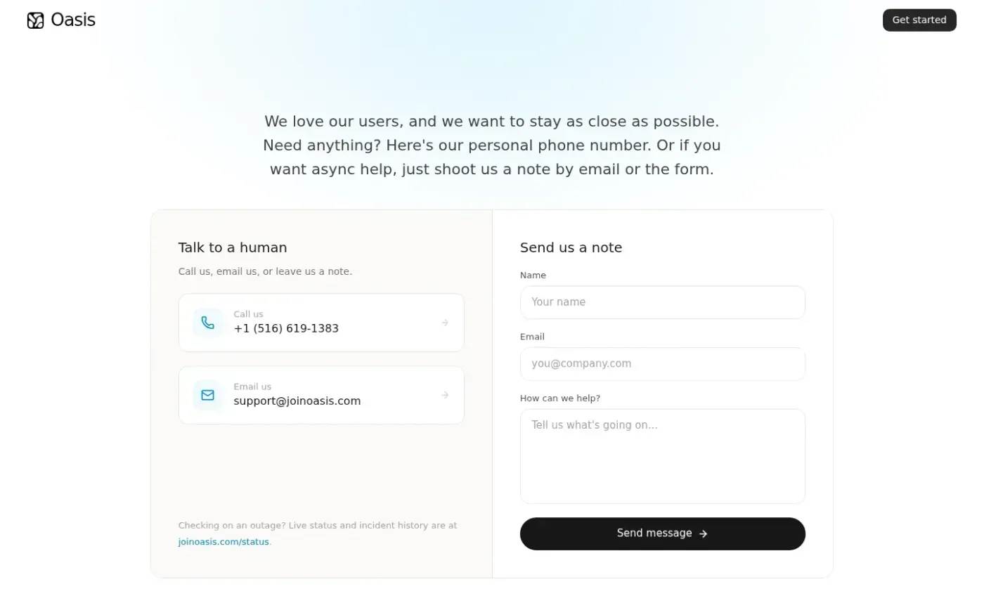Oasis — Where humans and agents come to work. — Support page