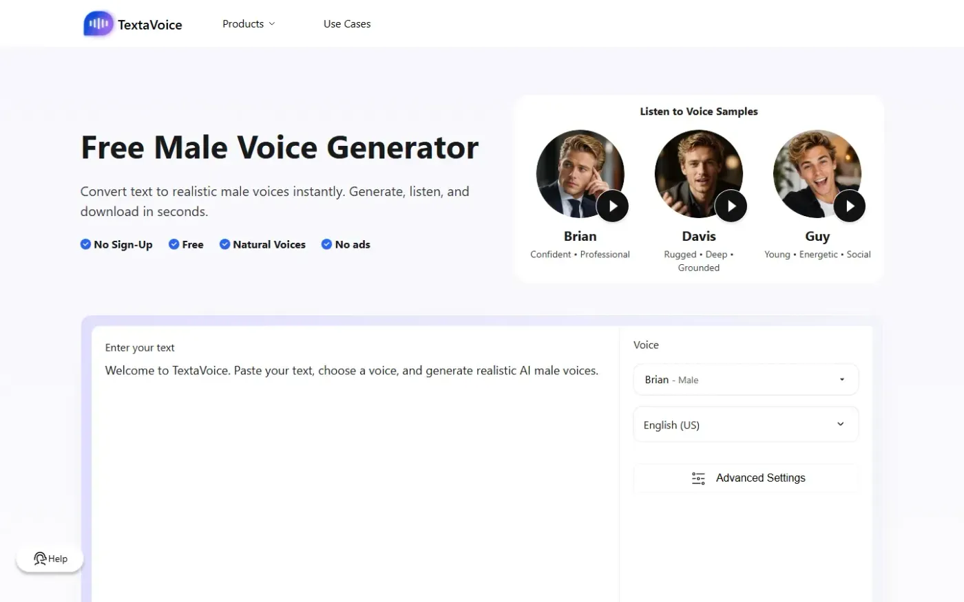 Textavoice — Male voice generator page