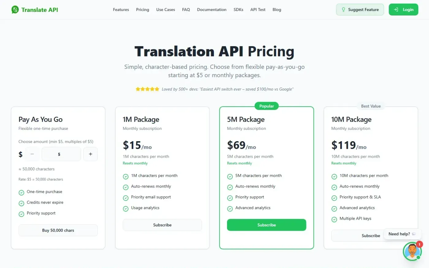 Translate-api — Pricing page