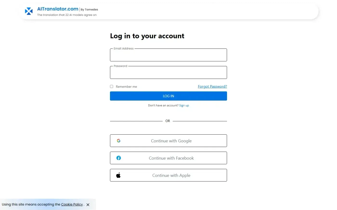 Aitranslator — Login page