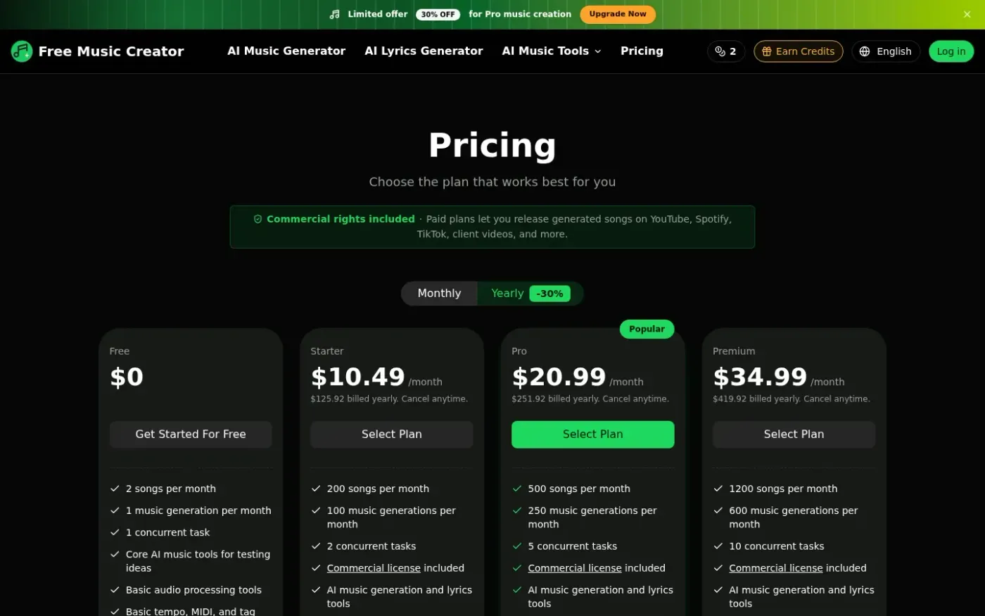 Freemusiccreator — Pricing page