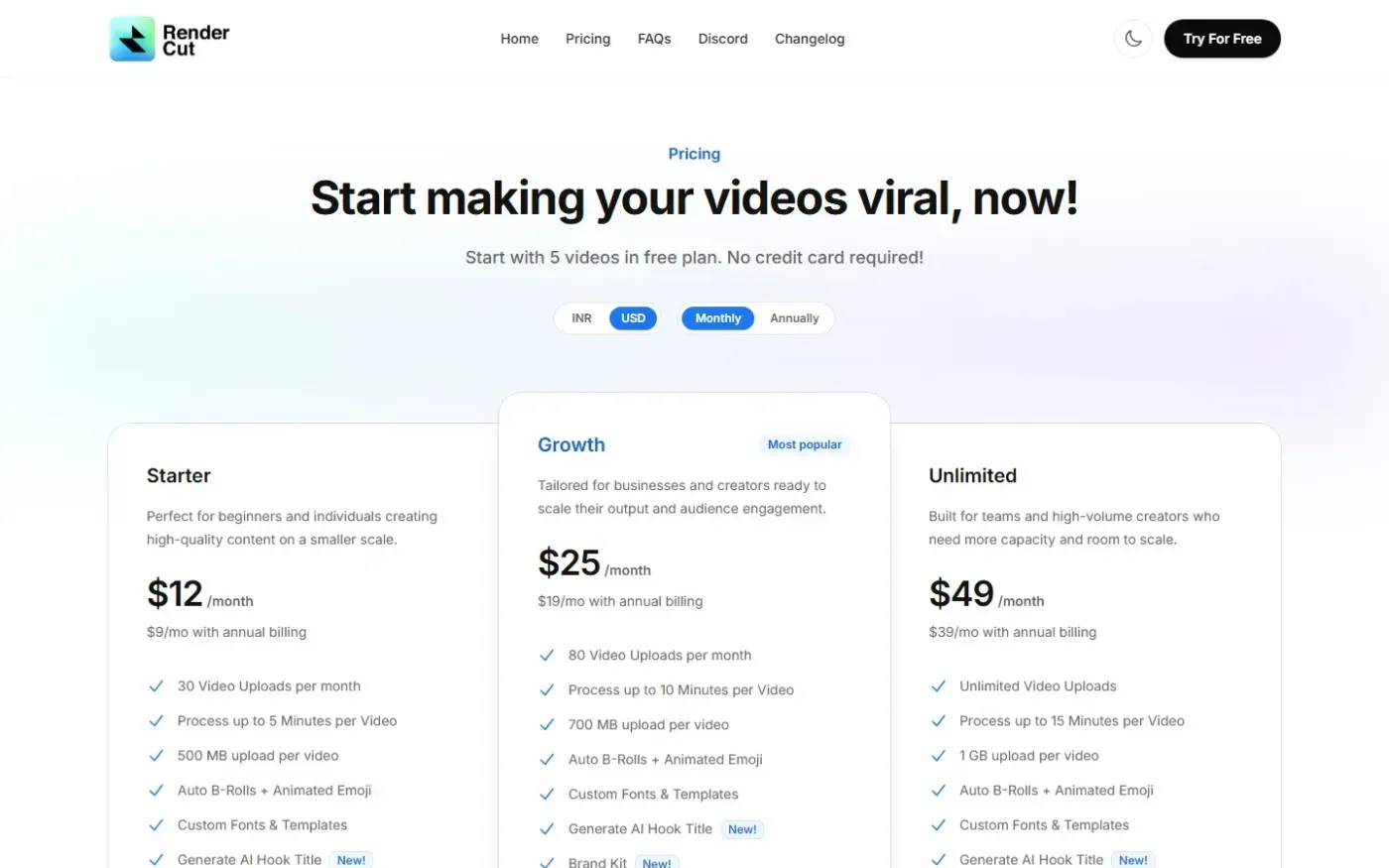 Rendercut — Pricing page