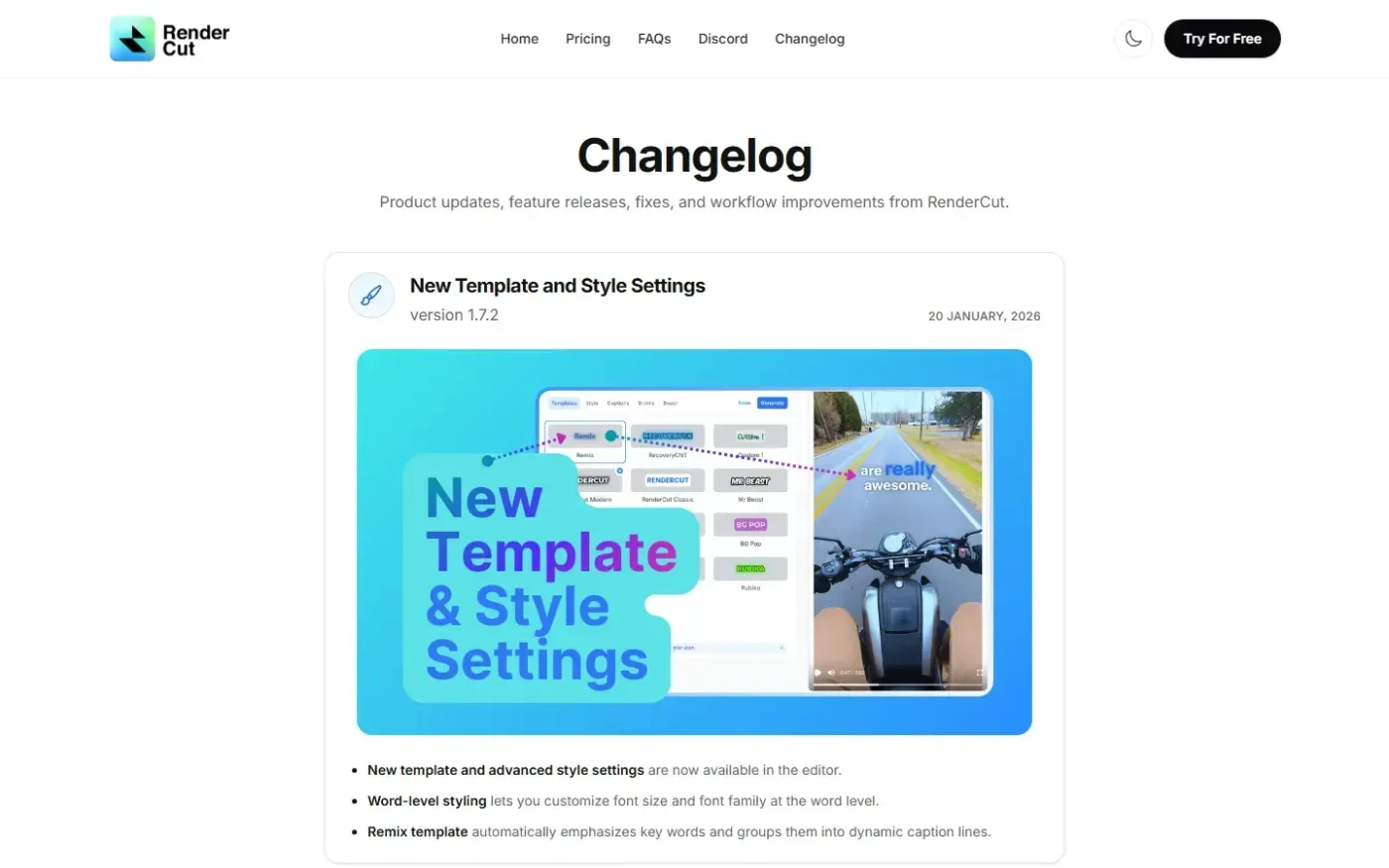 Rendercut — Changelog page
