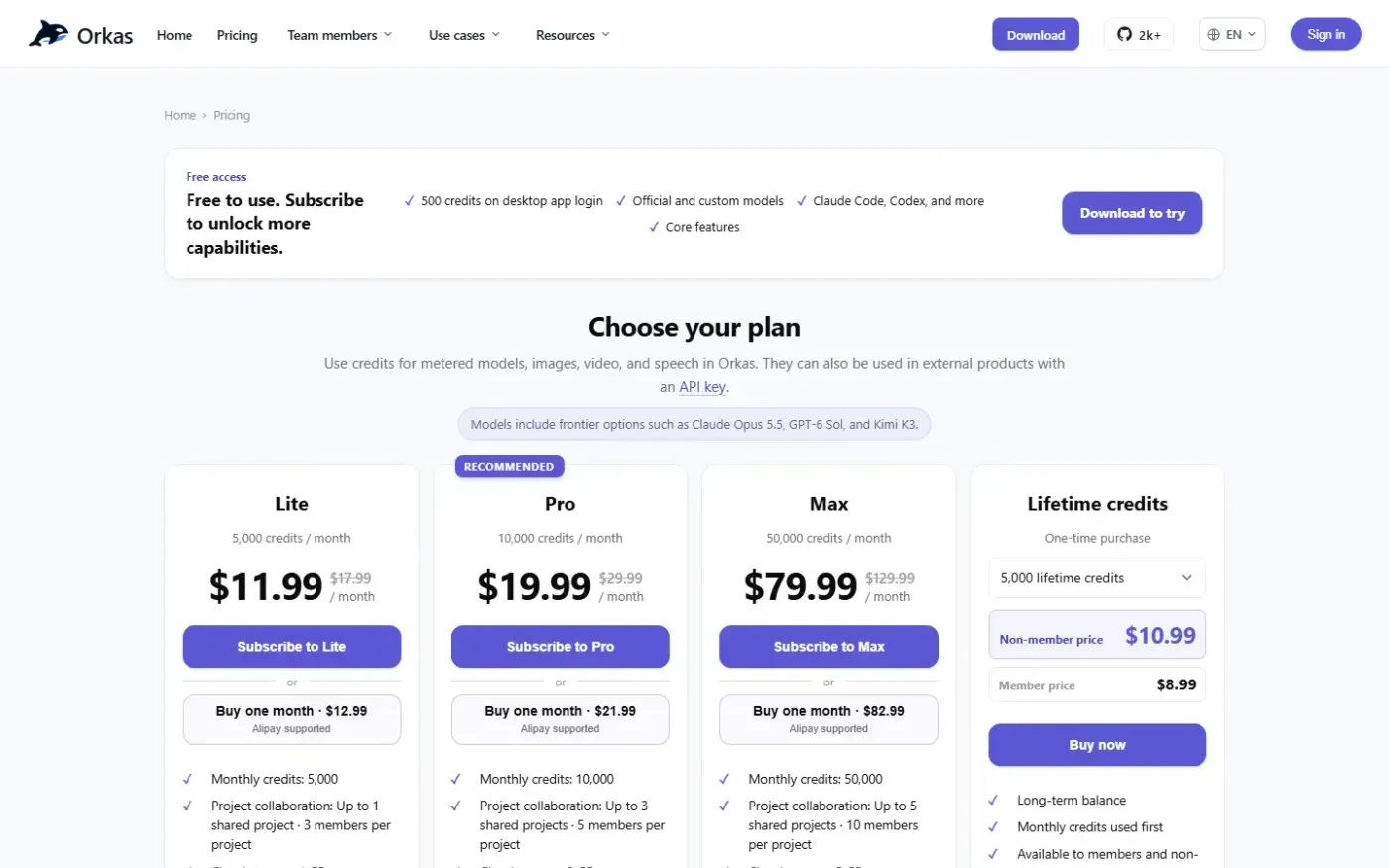 Orkas — Pricing page