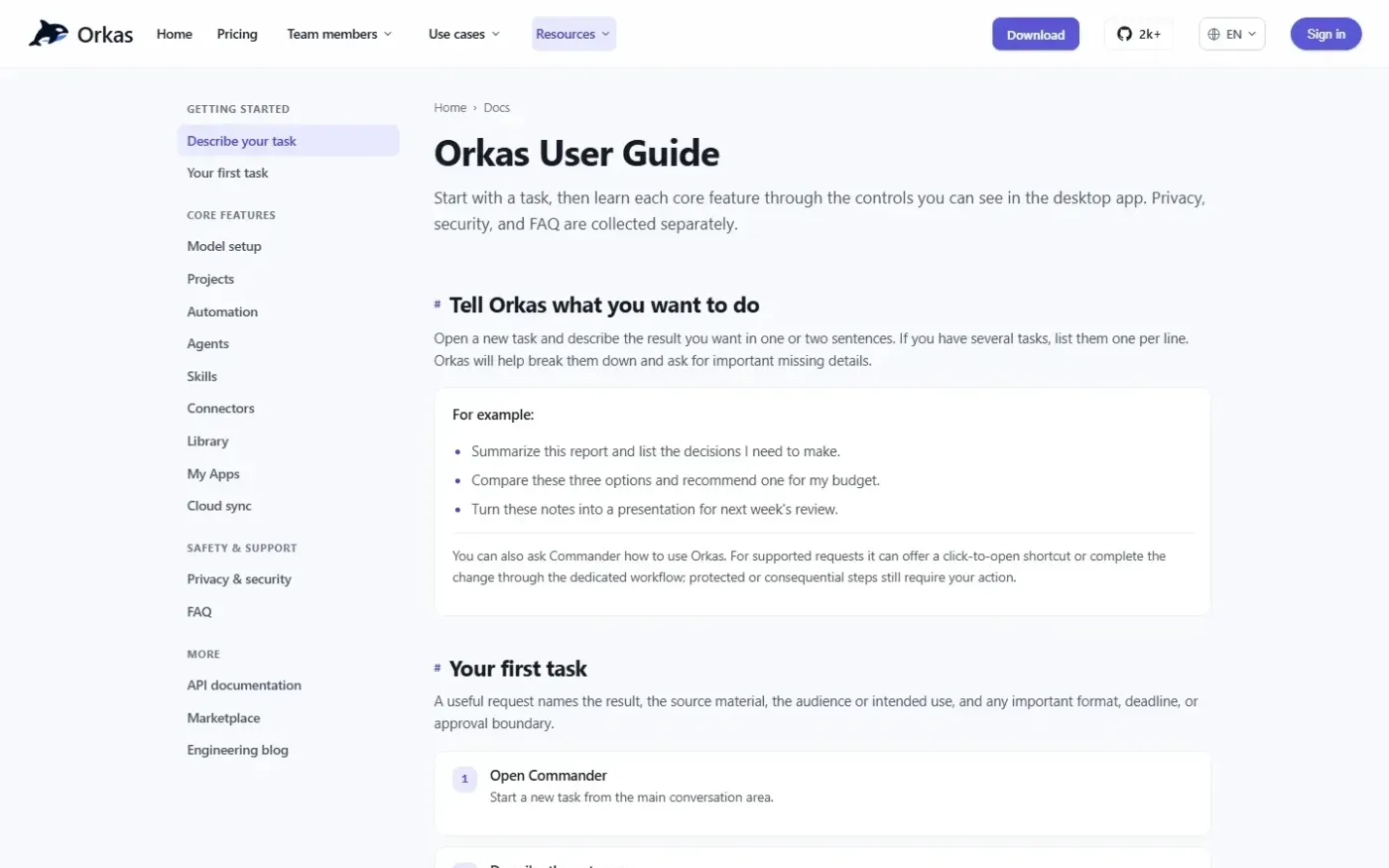 Orkas — Docs page