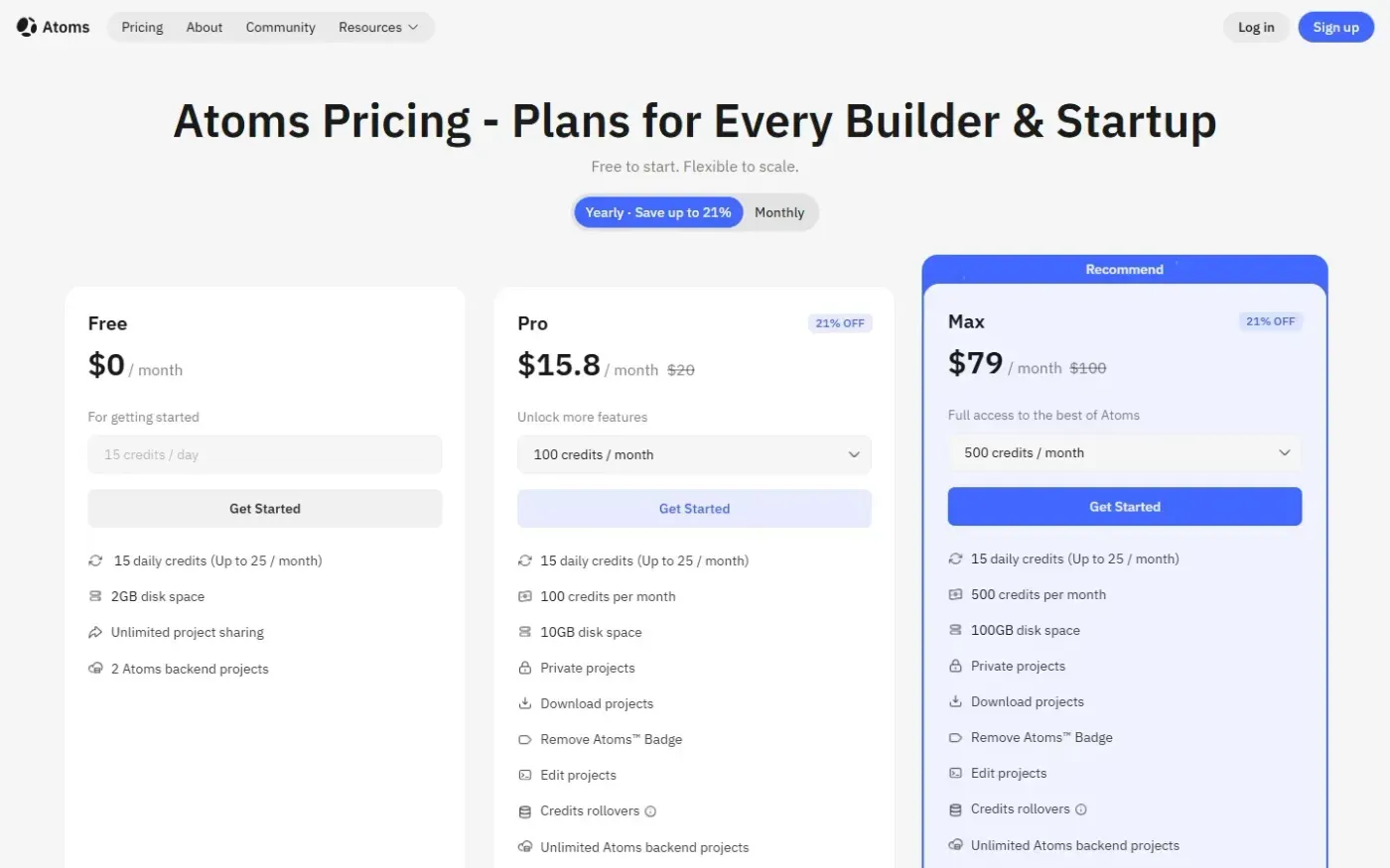 Atoms — Pricing page