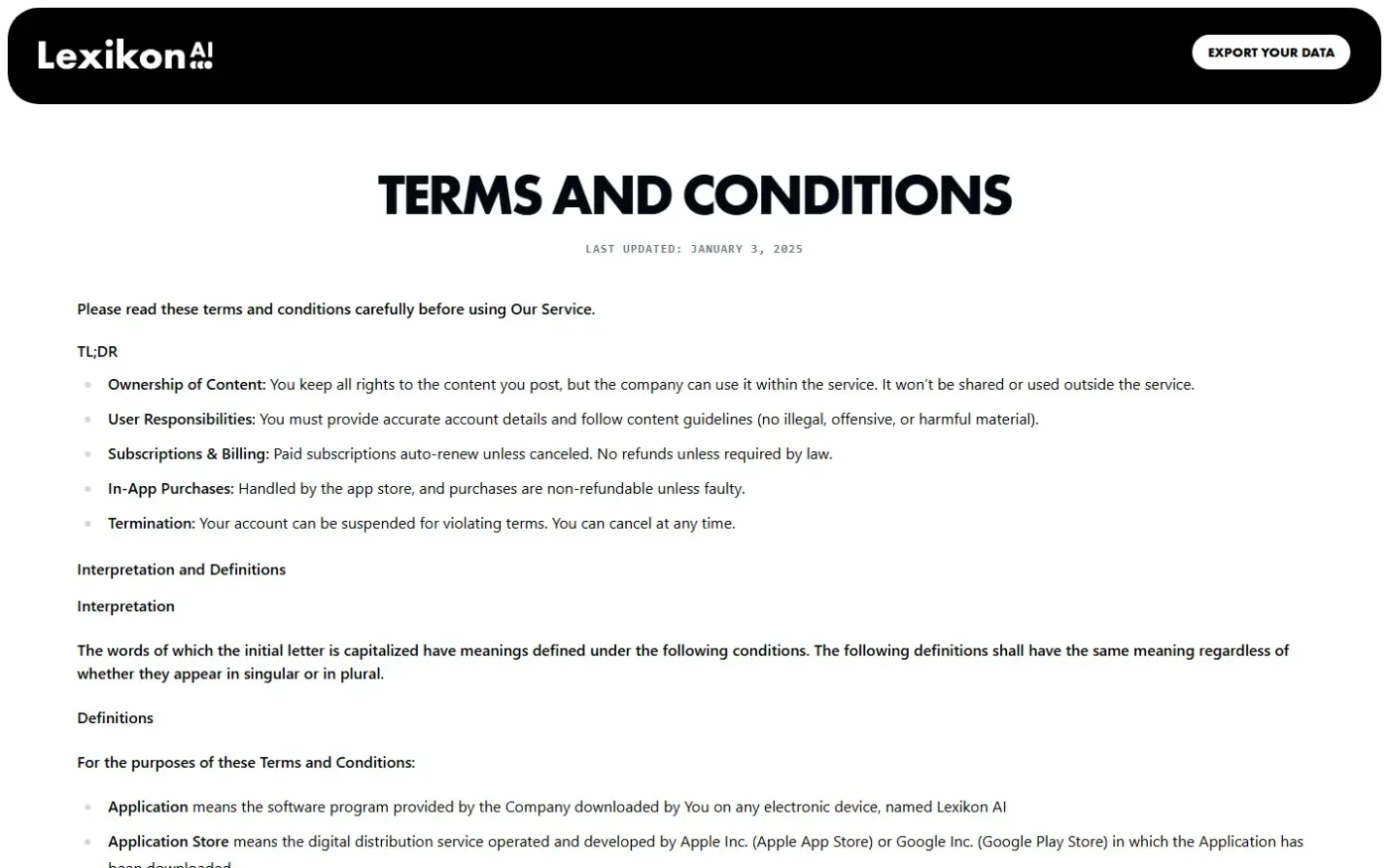 Lexikon — Terms page