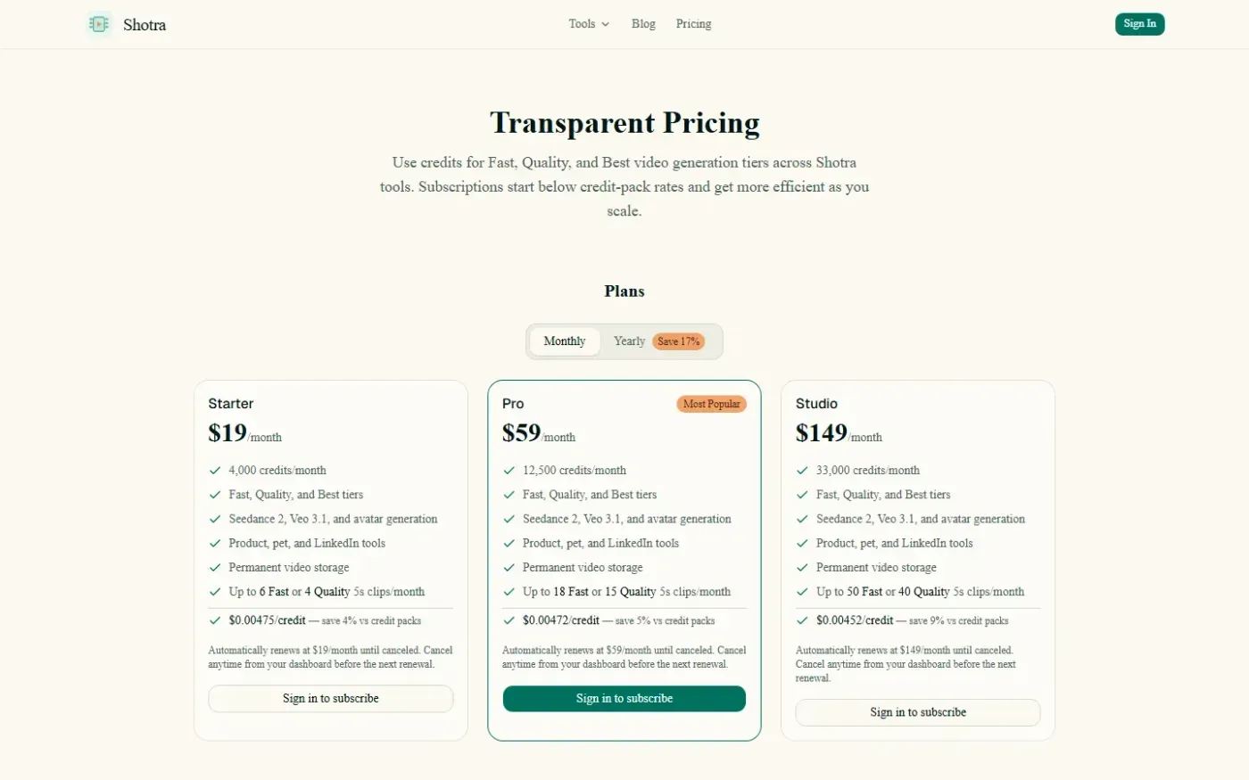 Shotra — Pricing page