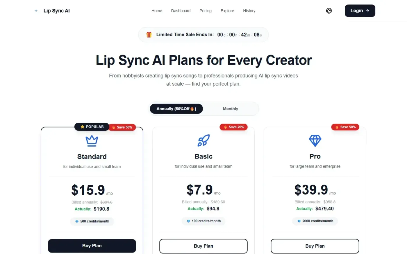 Lipsyncai — Pricing page
