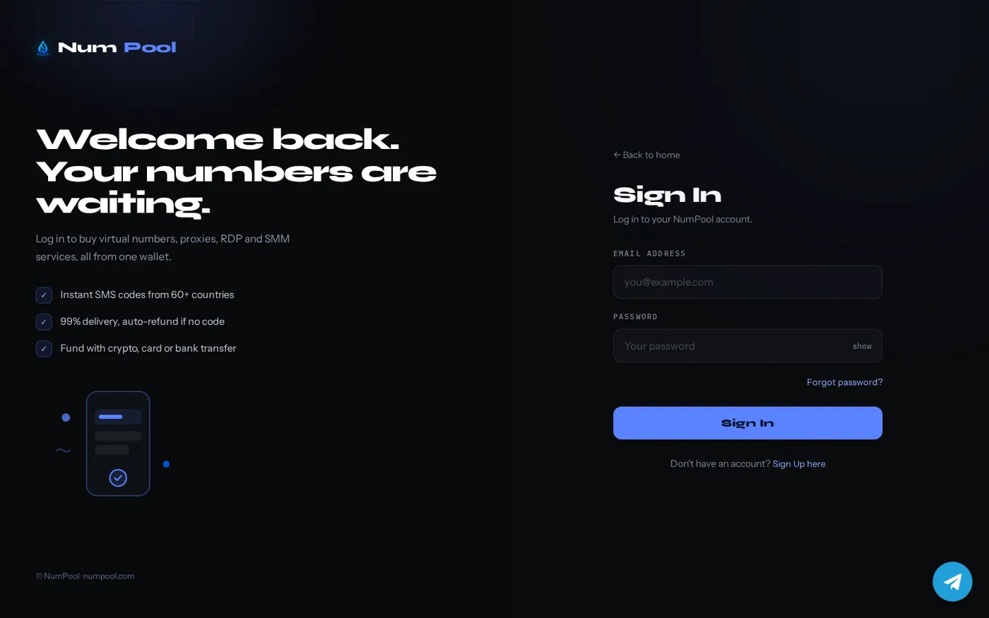 NumPool — Virtual numbers and non-VoIP SMS verification codes — Login page
