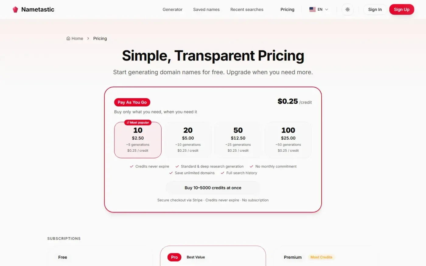 Nametastic — Pricing page