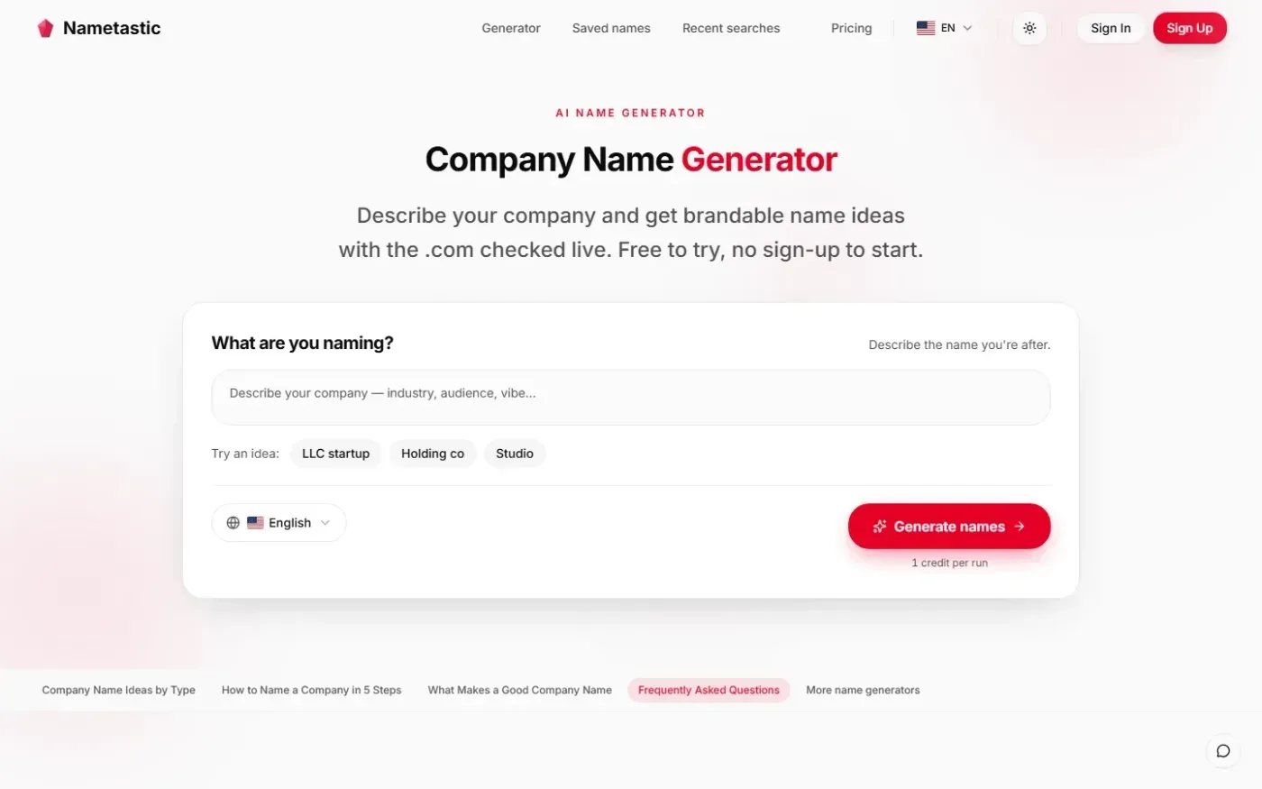 Nametastic — Company name generator page