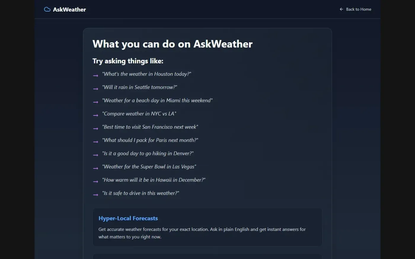 Askweather — Features page
