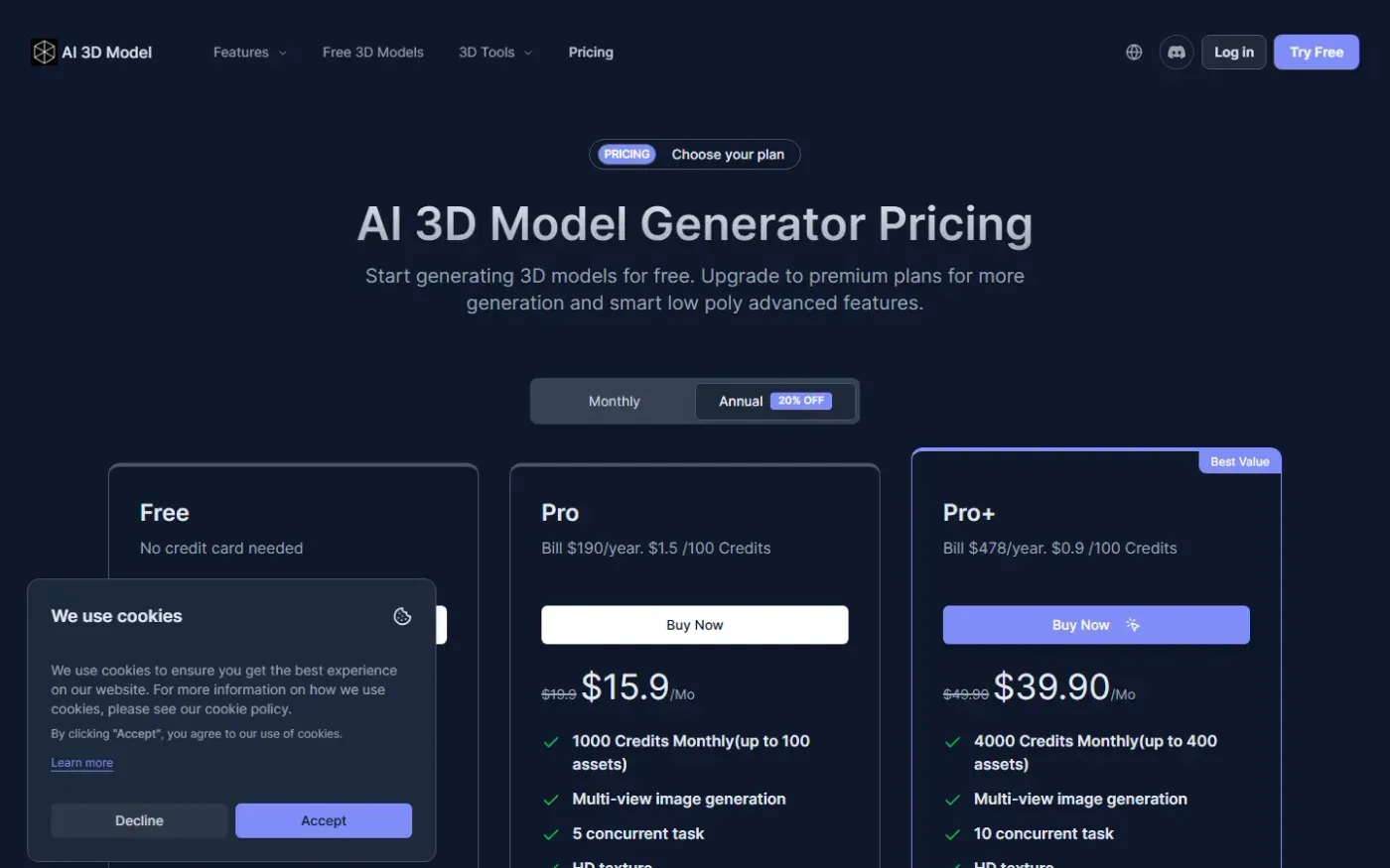 Ai3dmodel — Pricing page