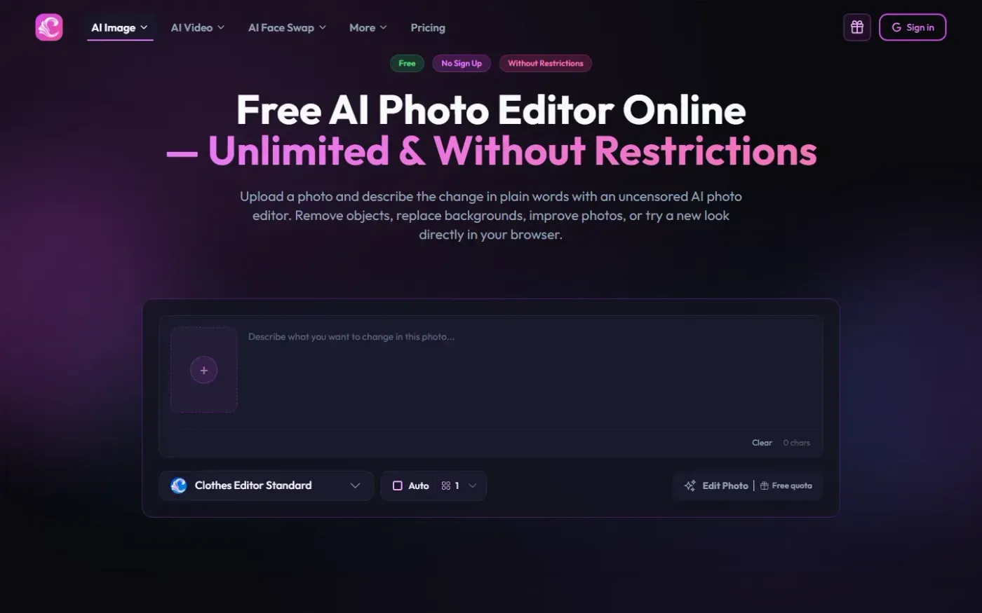 Clotheschange — Ai photo editor page