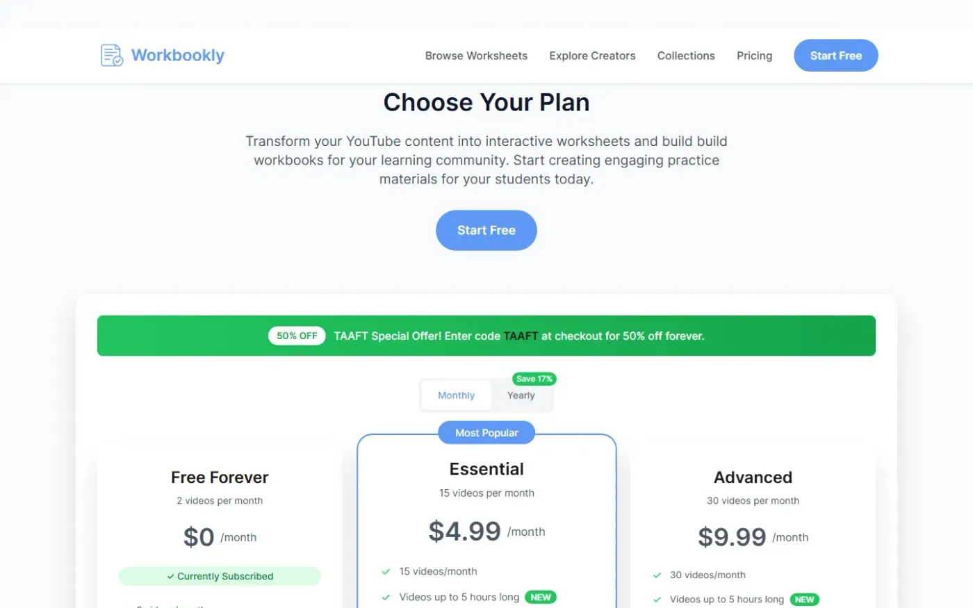 Workbookly — Pricing page