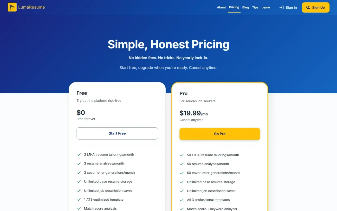 Lumaresume — Pricing page