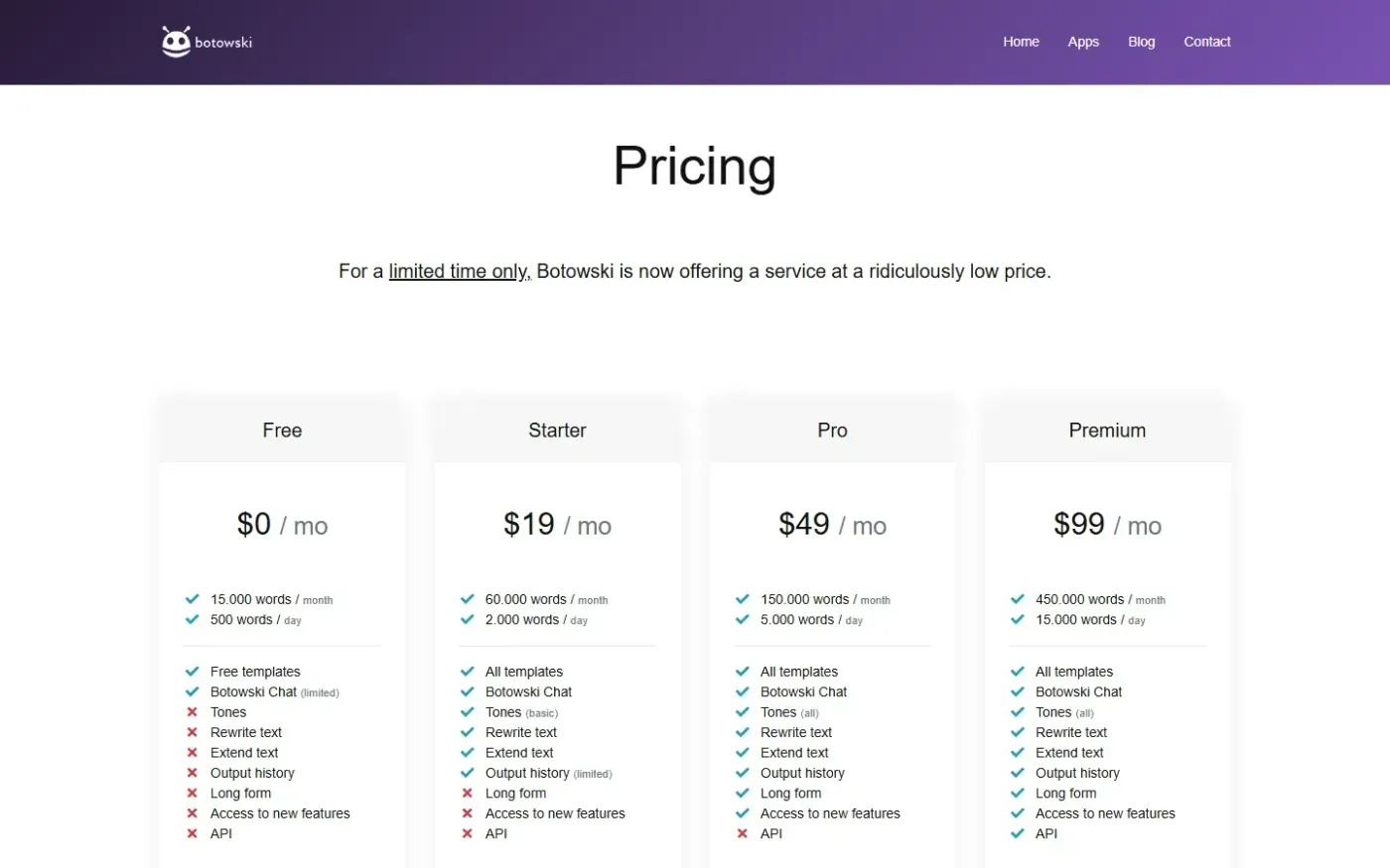 Botowski — Pricing page