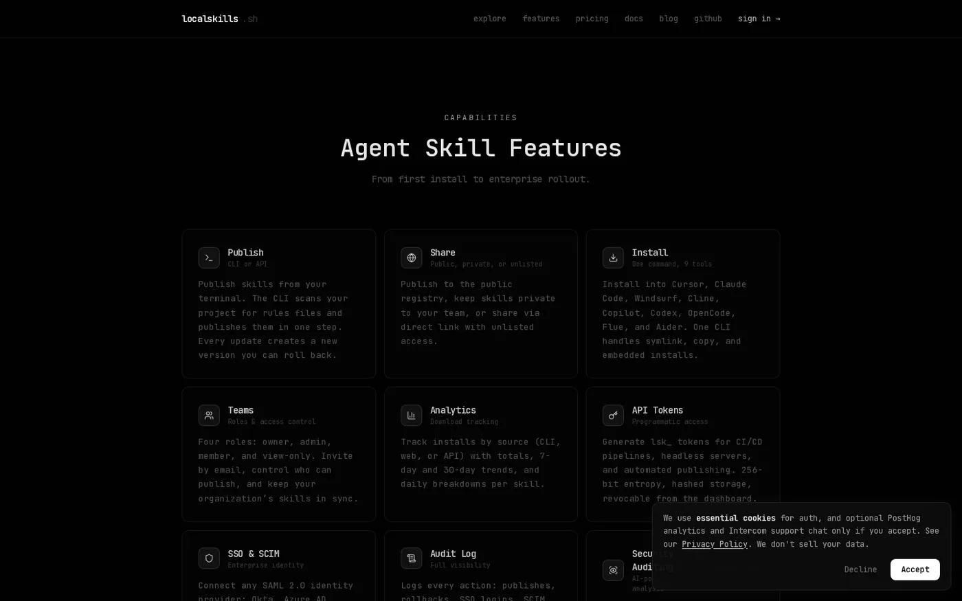 localskills.sh — AI Skill & MCP server management for teams & enterprises — Features page