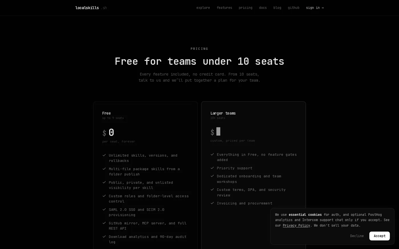 localskills.sh — AI Skill & MCP server management for teams & enterprises — Pricing page
