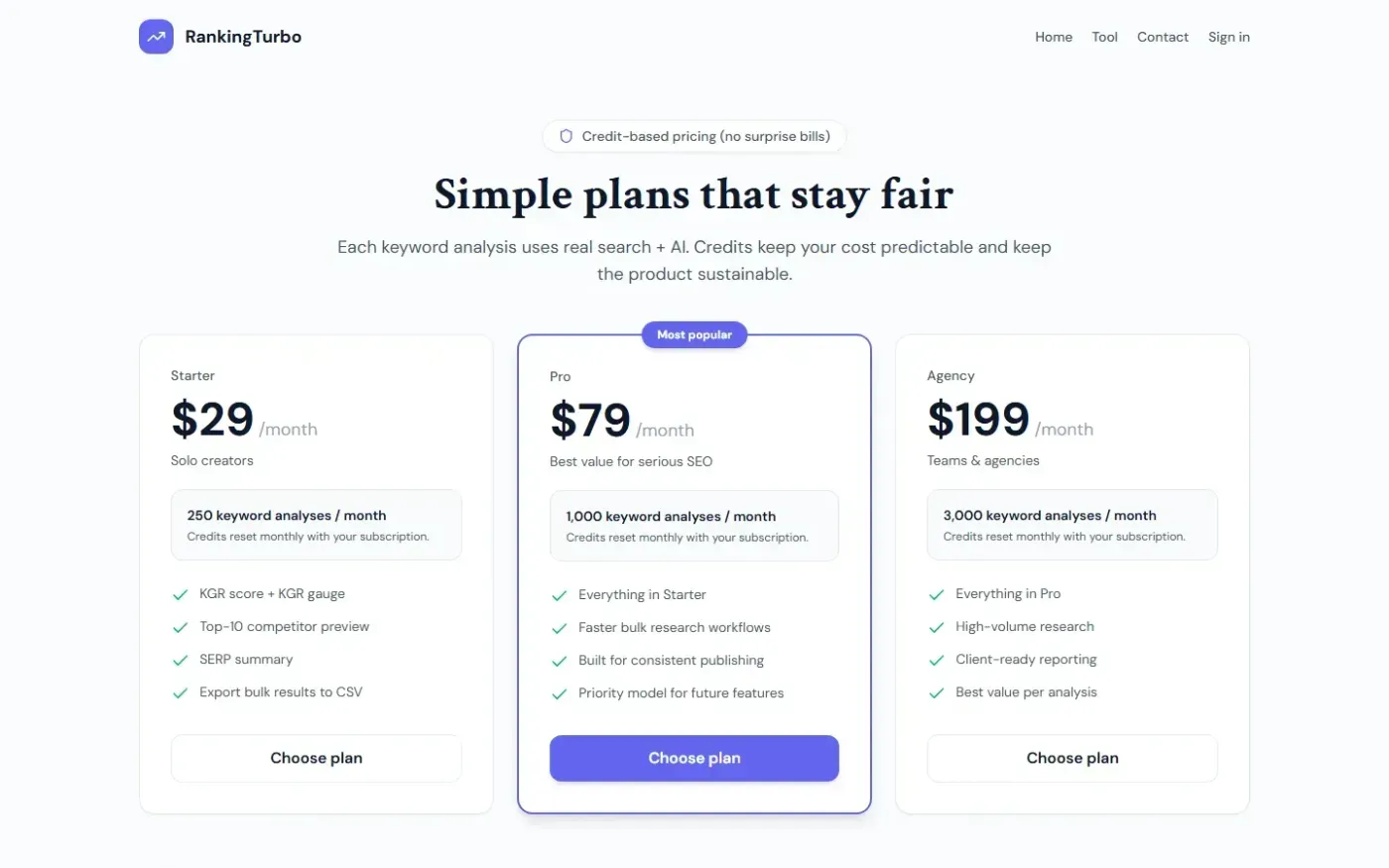 Rankingturbo — Pricing page