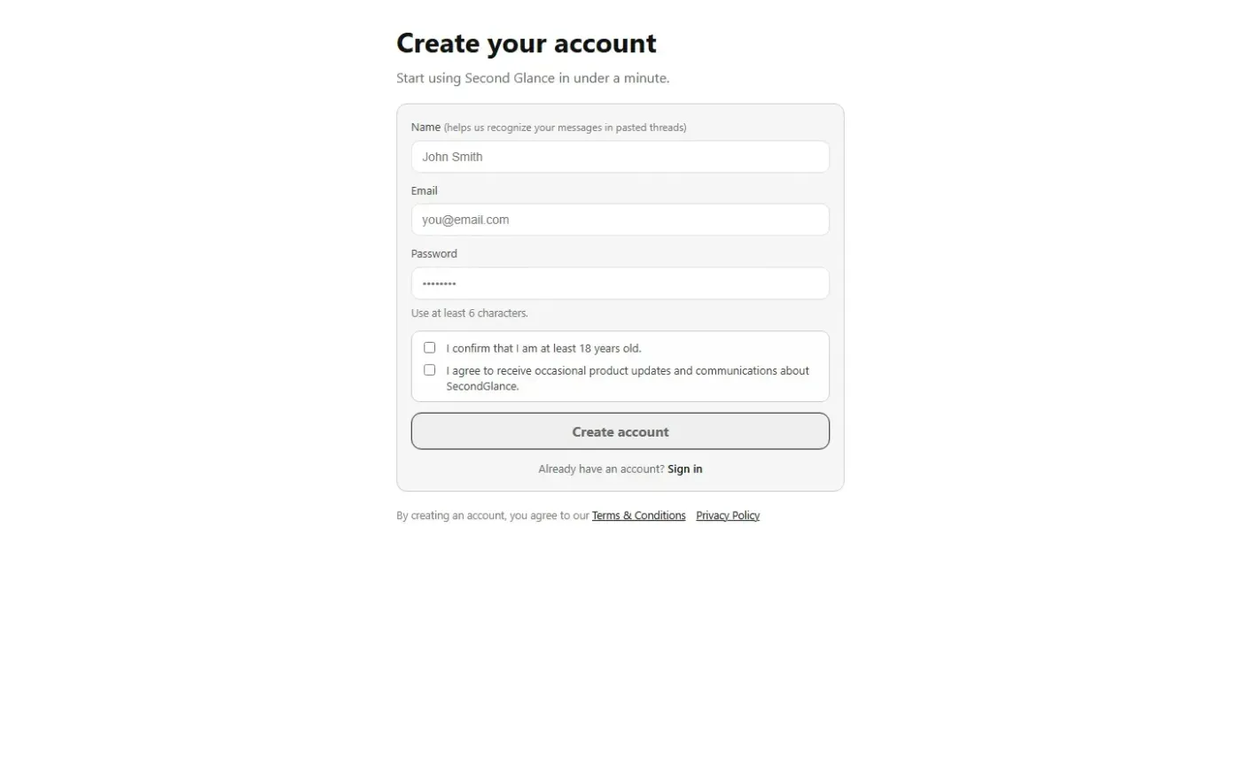 Secondglance — Signup page