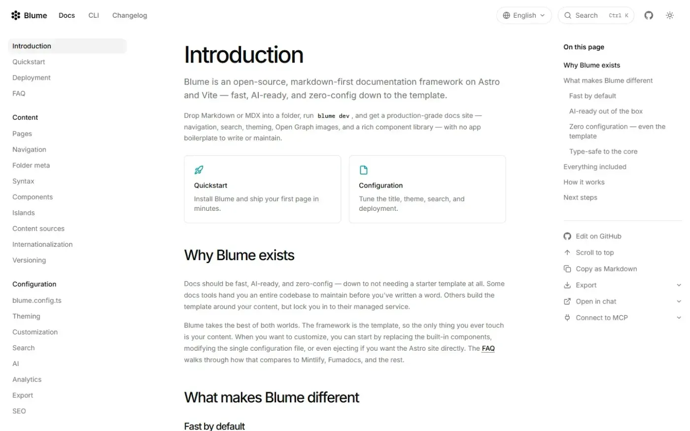 Blume — AI-ready, Markdown-first documentation framework — Docs page