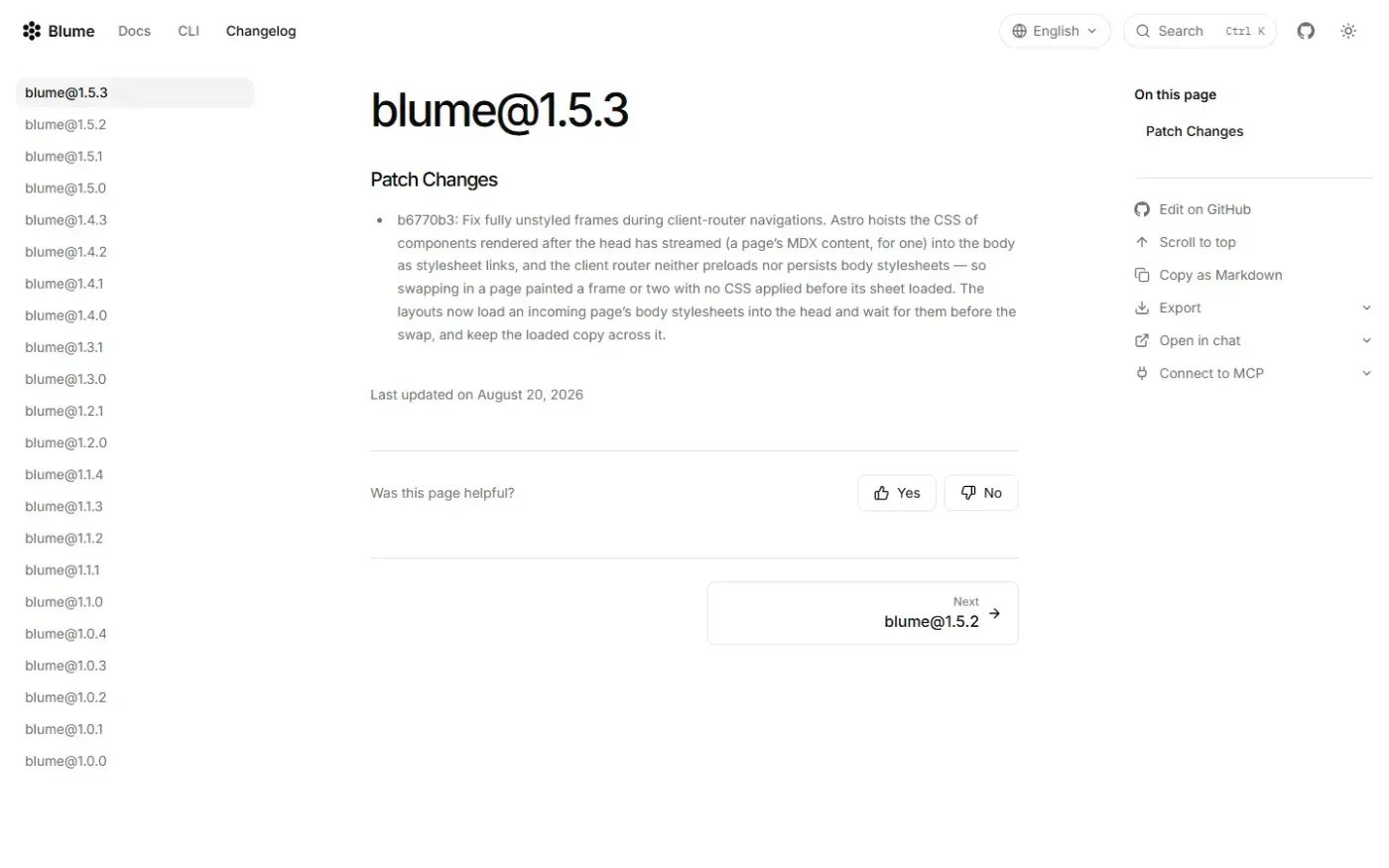 Blume — AI-ready, Markdown-first documentation framework — Changelog page