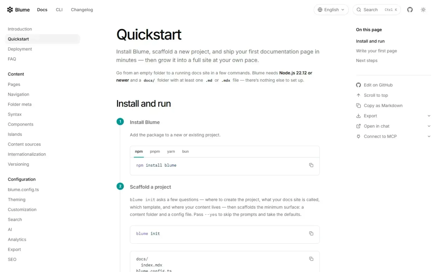 Blume — AI-ready, Markdown-first documentation framework — Docs page