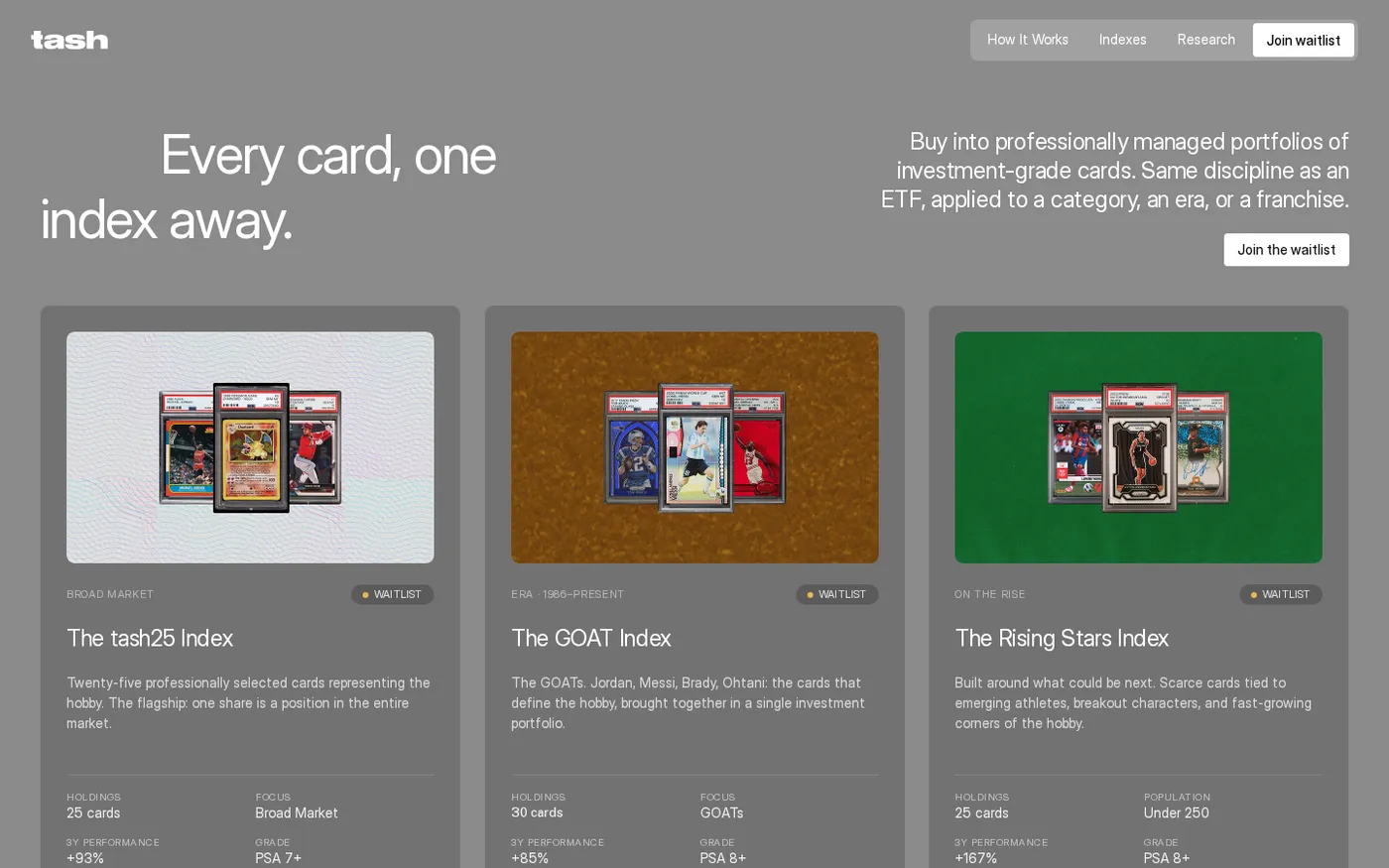 tash — The investment platform for trading cards — Indexes page