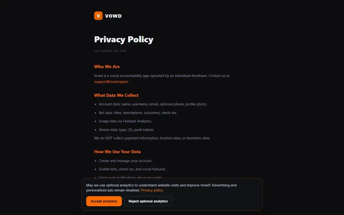 Vowd — Habit challenges with real consequences — Privacy.html page