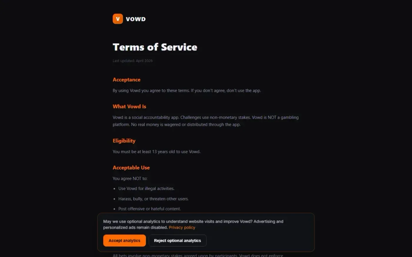 Vowd — Habit challenges with real consequences — Terms.html page