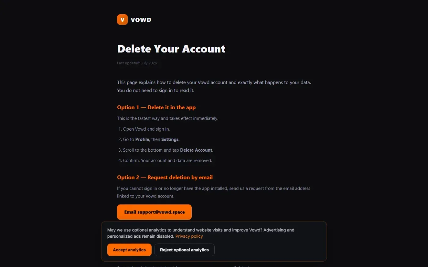 Vowd — Habit challenges with real consequences — Delete account page