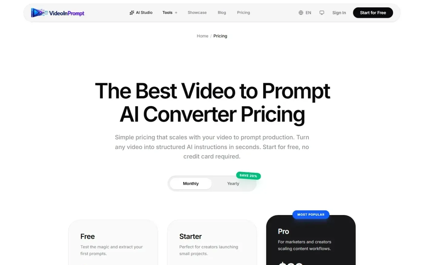 Videoinprompt — Pricing page
