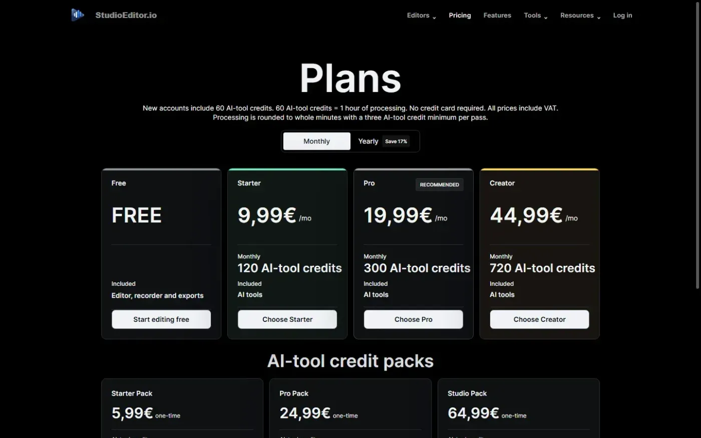 Studioeditor — Pricing page