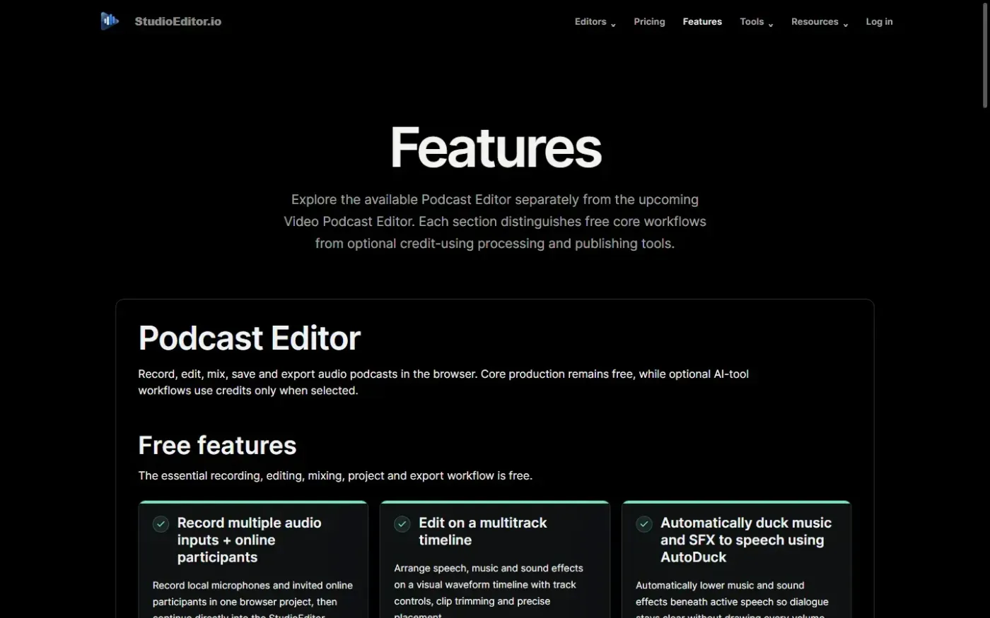 Studioeditor — Features page