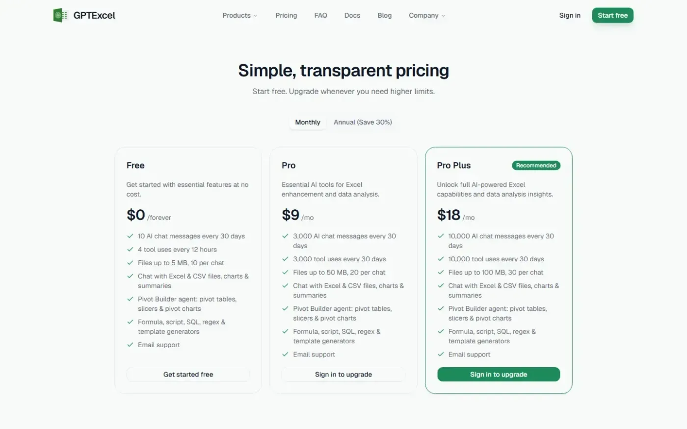 Gptexcel — Pricing page
